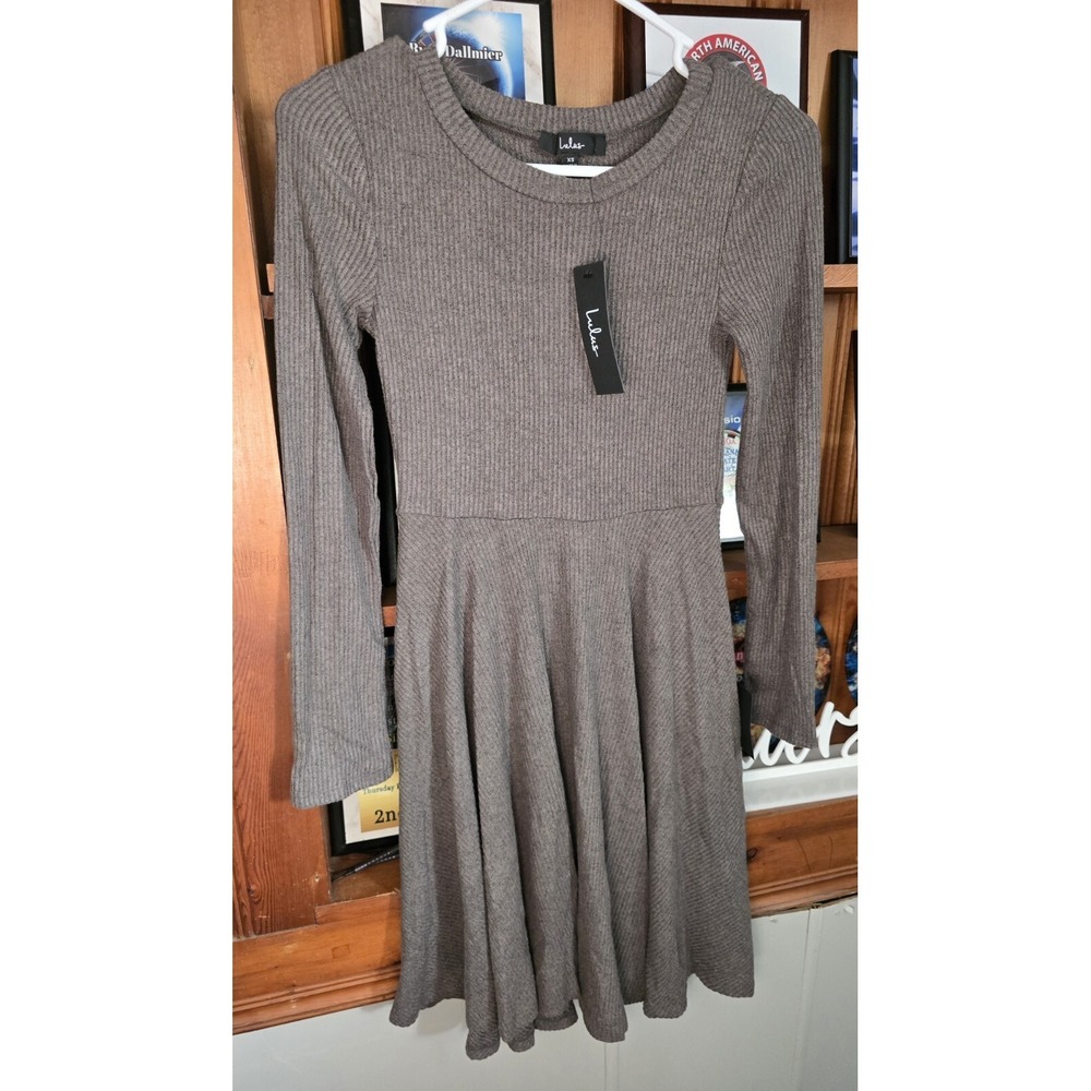 Lulus Womens Skater Dress Olive Green Fit & Fair Ribbed Knit Long Sleeve Size XS - Picture 3 of 3